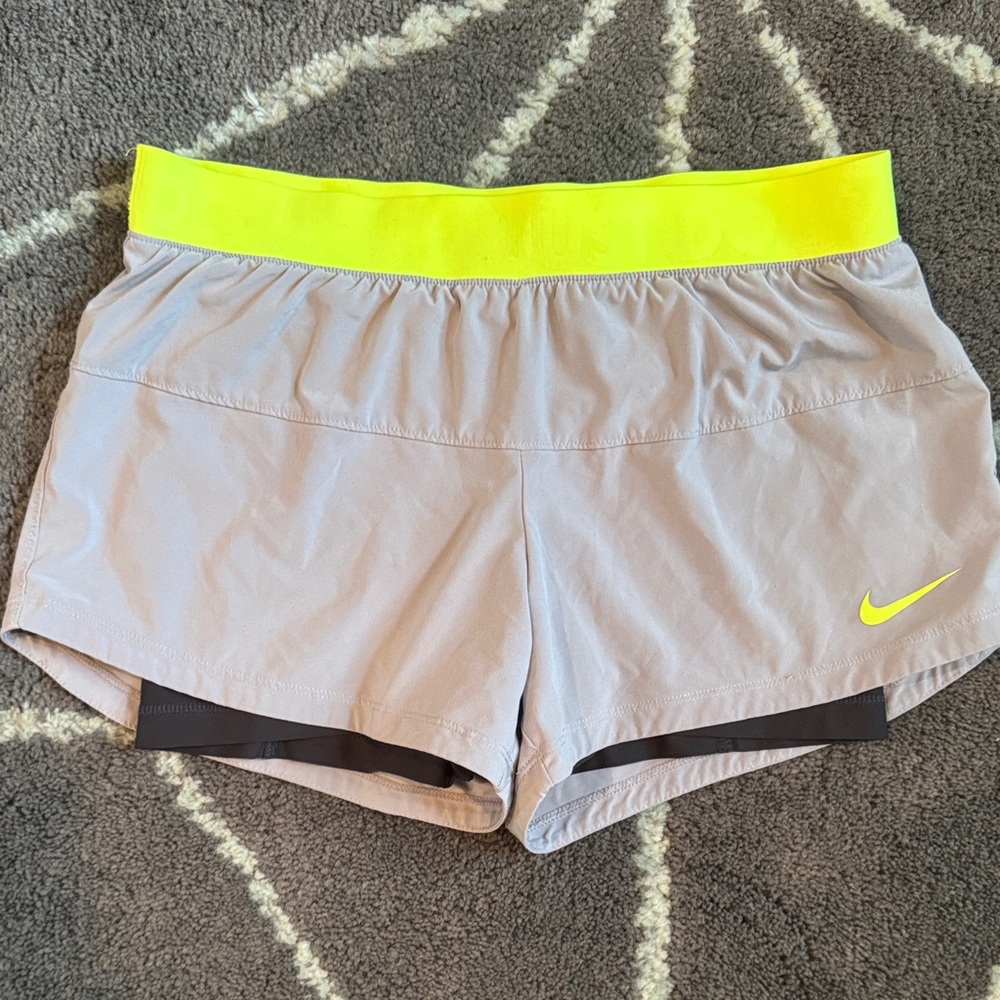Nike Women's Dri-FIT Shorts Running Jogging Lined Gray Neon Accents, Size Medium